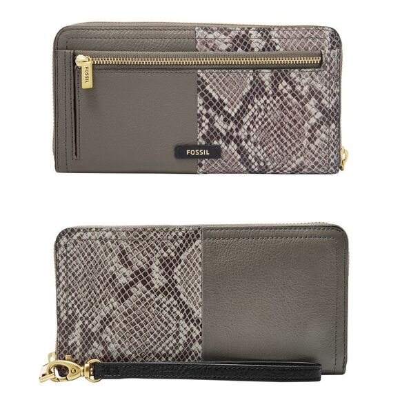 New! FOSSIL Logan RFID Wallet Zip Clutch Wristlet Strap Taupe Snakeprint Black - Picture 1 of 10